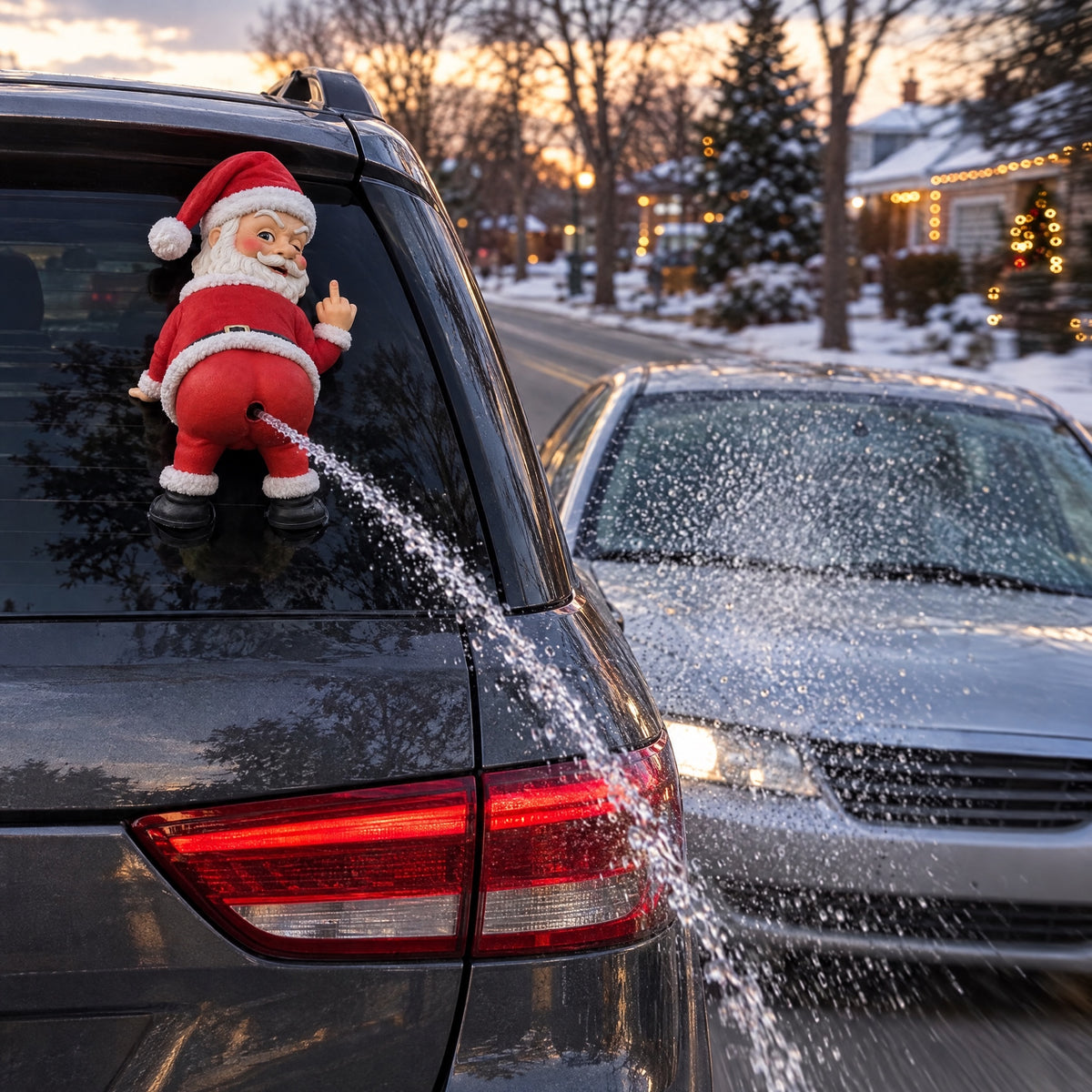 Santa Spray on an SUV rear window spraying the car behind