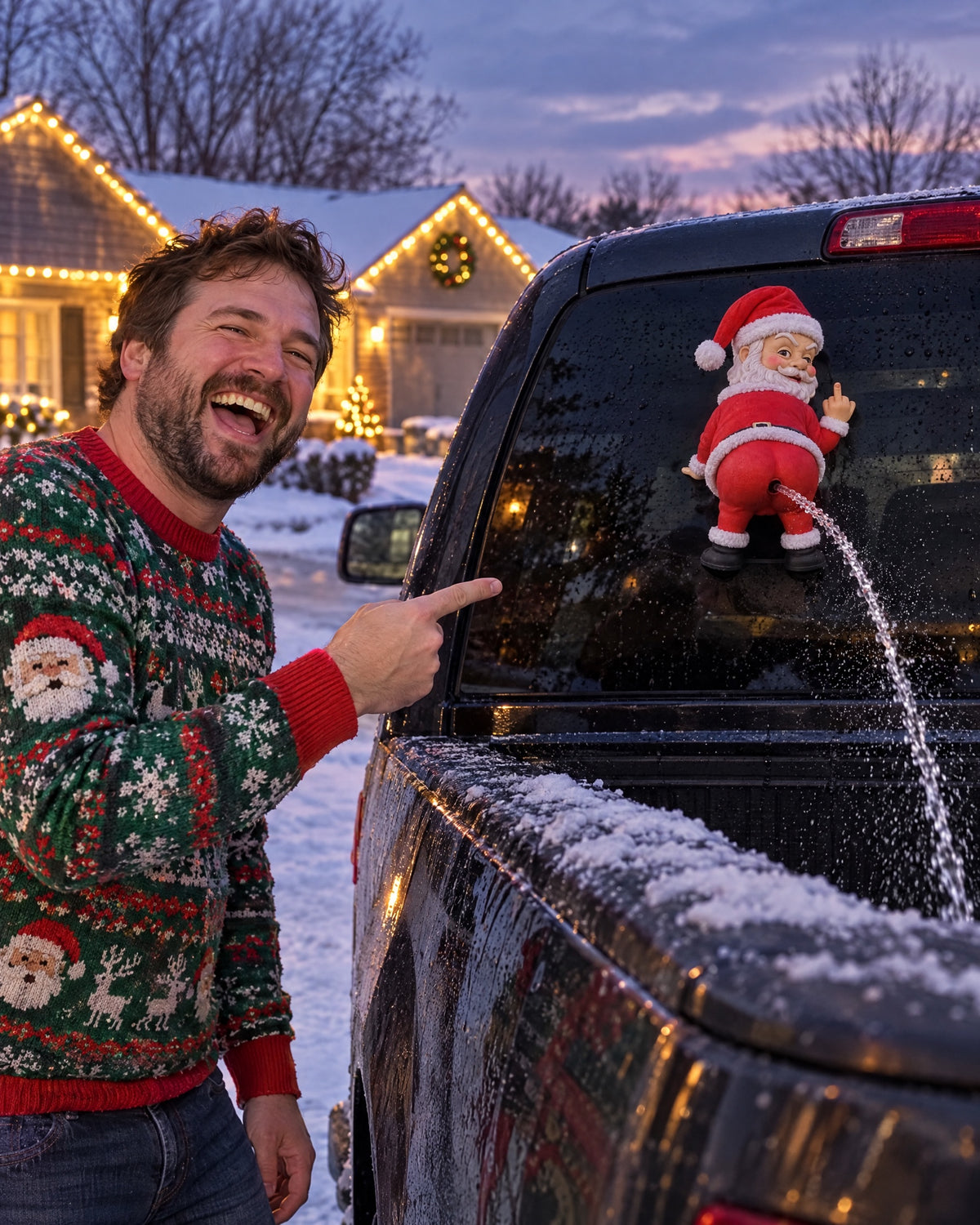 Man laughing at the Santa Spray on his truck window