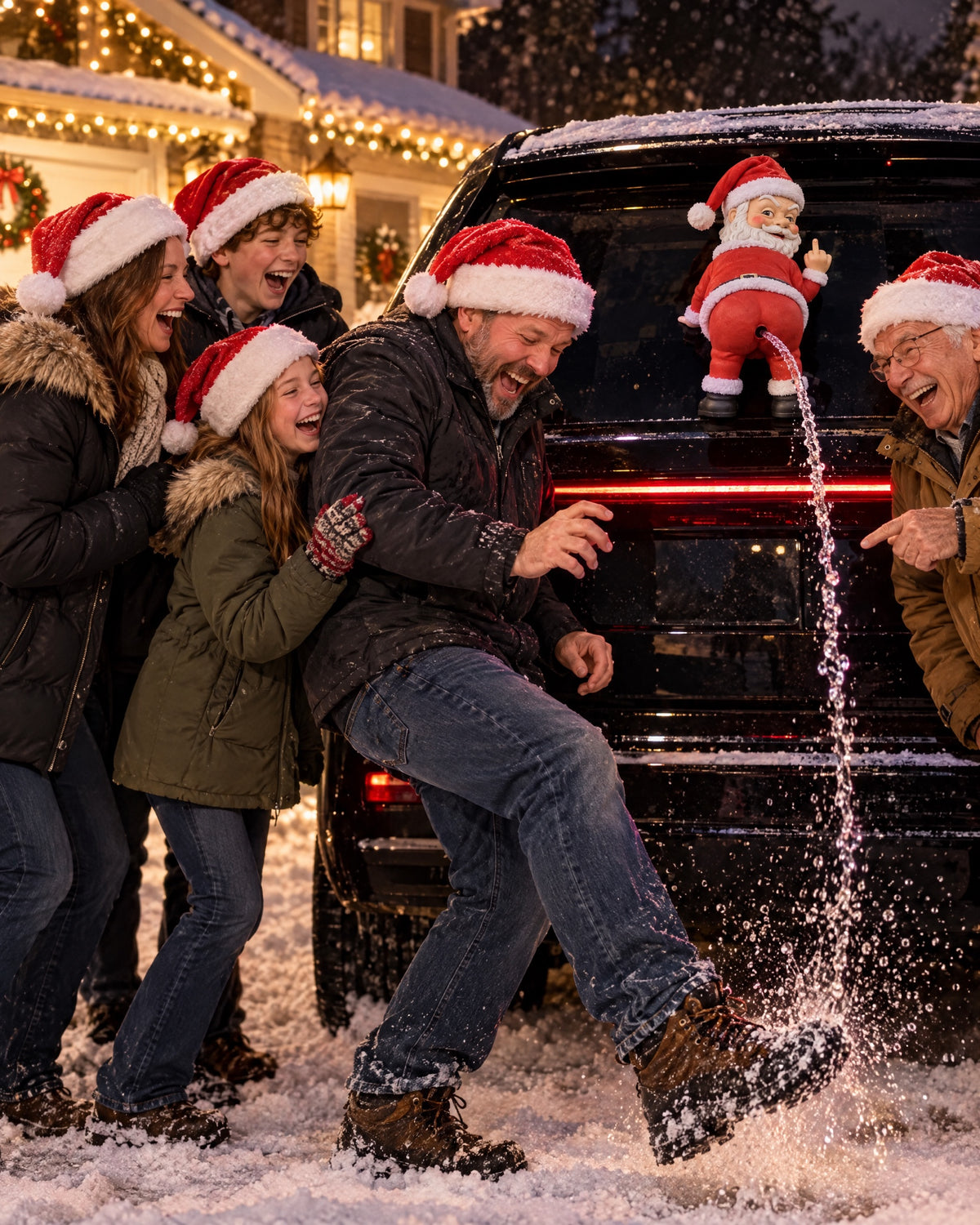 Family laughing as Santa Spray splashes the dad