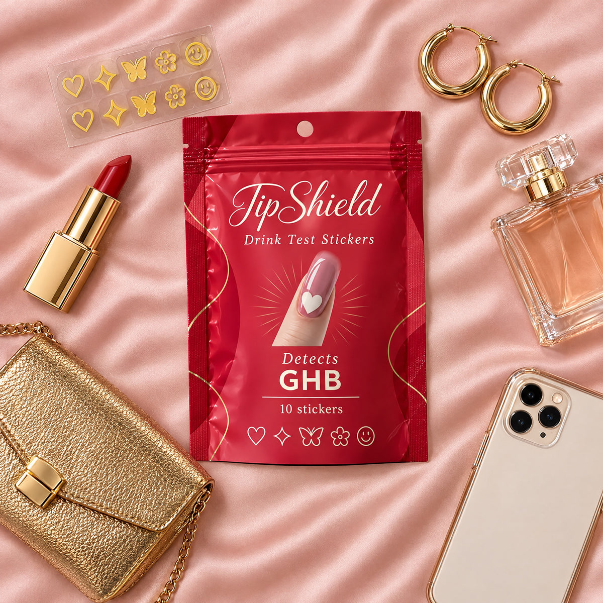 TipShield pouch in a night-out essentials flat lay